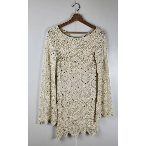 Nightcap Spanish Priscilla Lace Bell Sleeve Bodycon Mini Dress in Nude | 1 XS - Picture 7 of 11